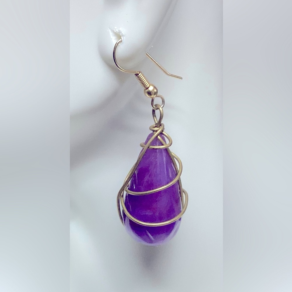 Faux Gold & Amethyst Purple Gemstone Wire Wrapped French Hook Earrings EUC